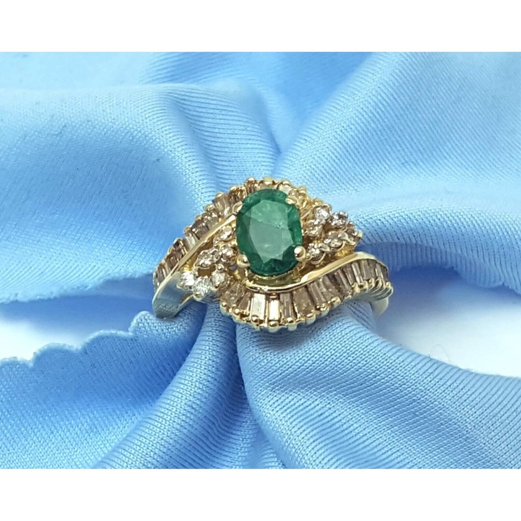 Unique 14k Solid Yellow Gold Designer Emerald Round  Baguette Diamond Ring